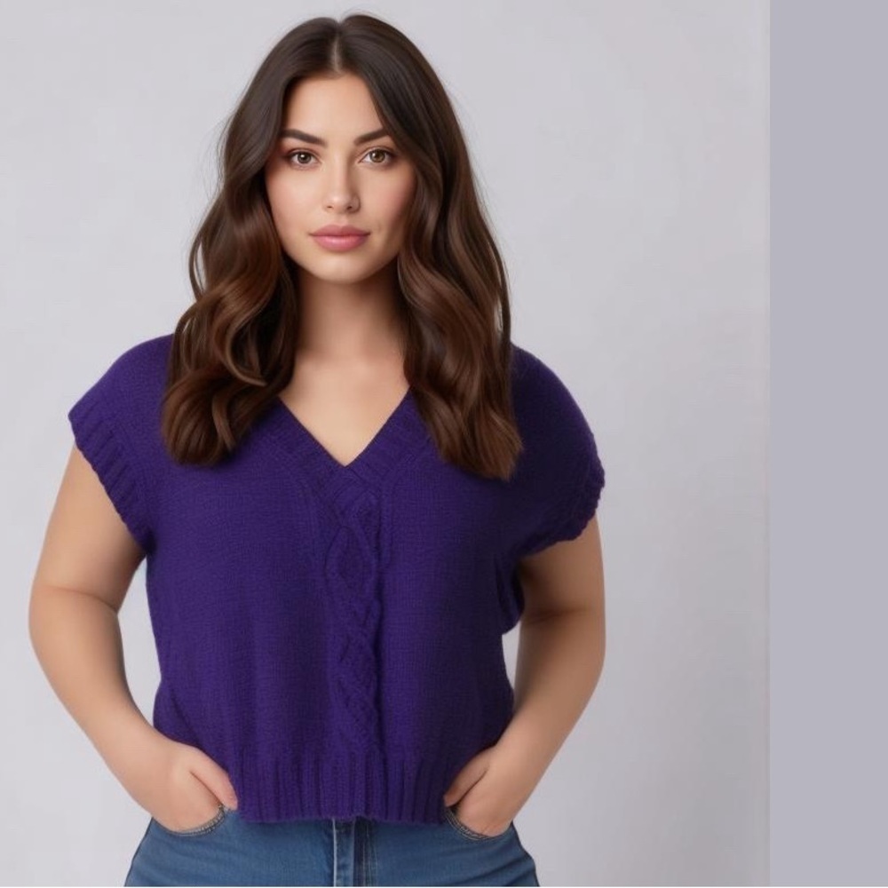Vintage Hand Crafted Purple Cable Knit Sweater Layering Vest Size L